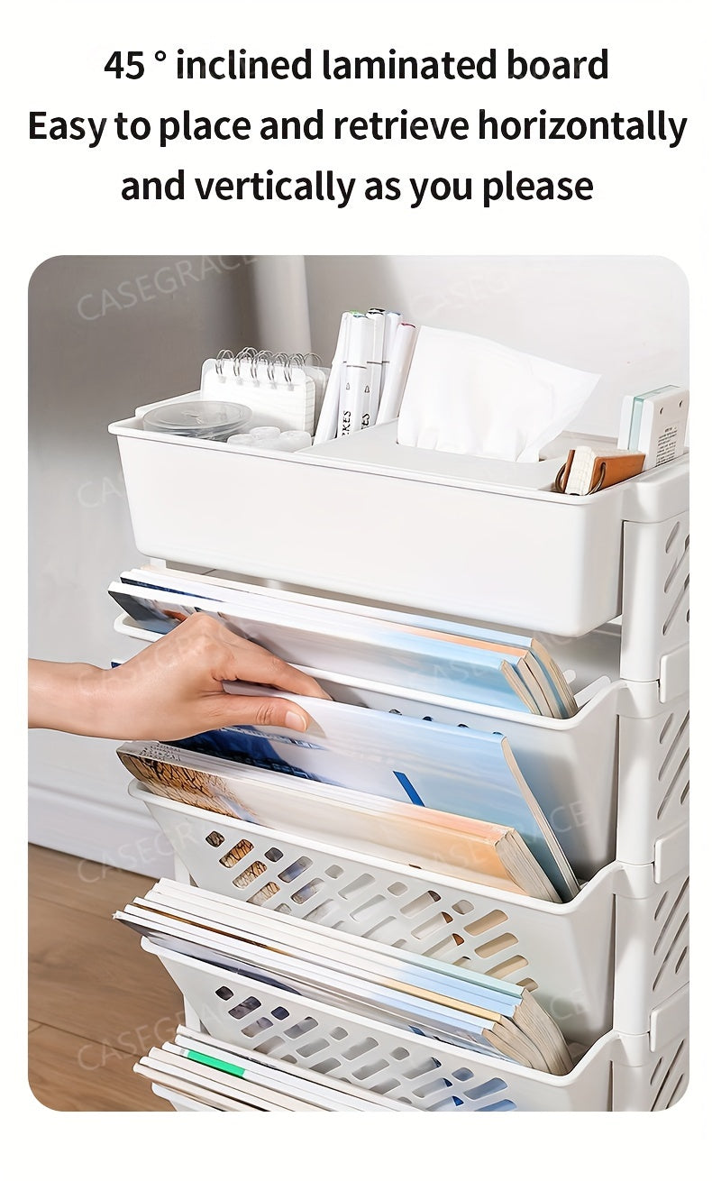 1pc Five-Level Bookshelf Shelf, Movable Desk Side Bookshelf, Floor Desk Small Cart, Book Storage Shelf, Office Study Supplies Storage Rack, Pen Holder, Lesson Book, Document Storage, Office Supplies