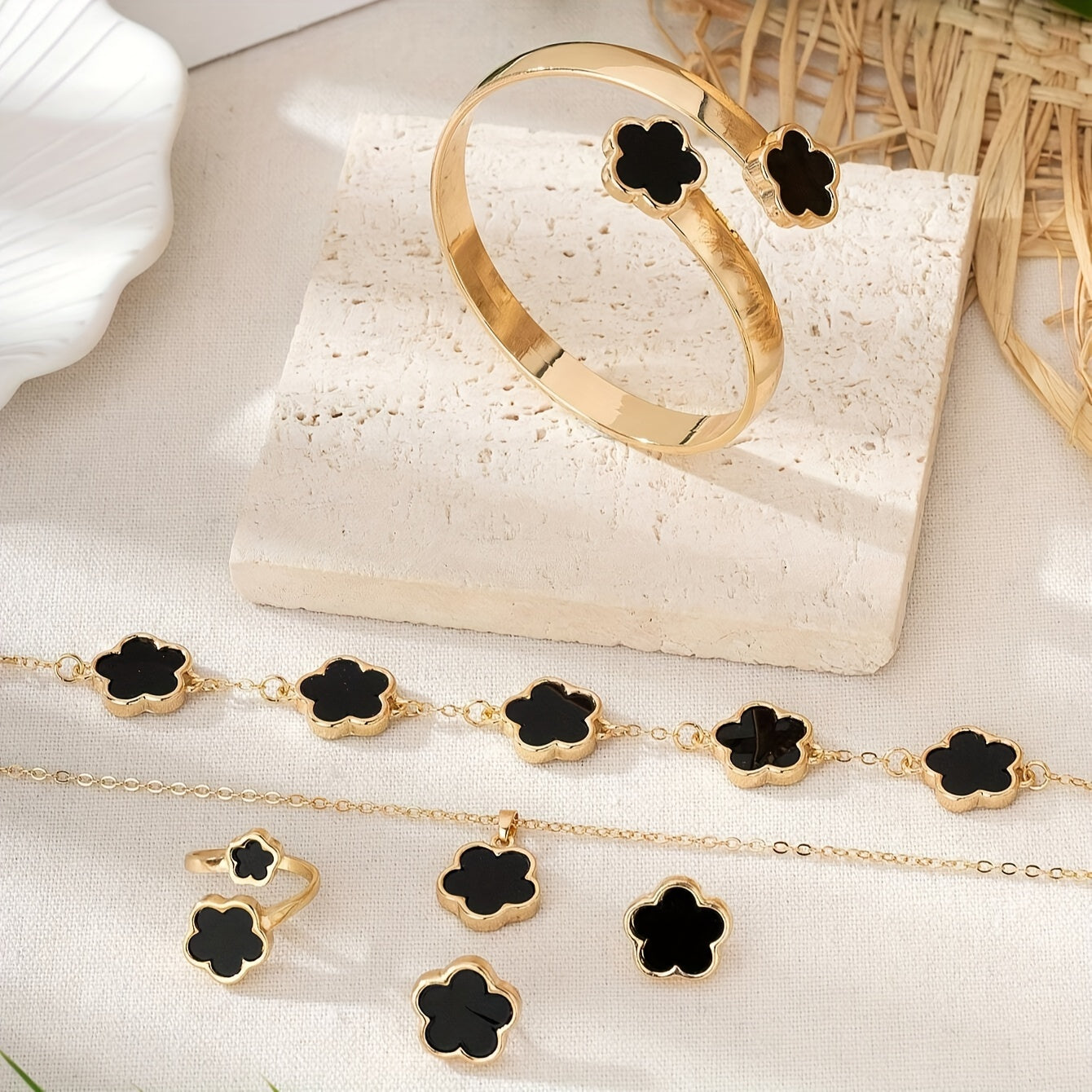 Exquisite Flower Design Stud Earrings & Necklace & Ring & Bangle & Bracelet Elegant Simple Style Delicate Jewelry Set