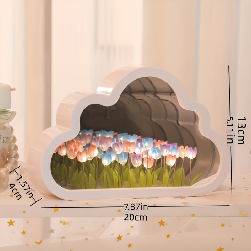 1pc Handcrafted Tulip Cloud LED Night Light with Mirror - Multicolor Flower Sea Glow, Adjustable Brightness, Battery-Powered Desk Lamp for Bedroom & Living Room Ambiance - Ideal Gift for Girlfriend, Best Friend on Christmas,