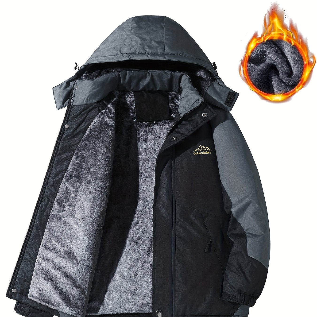 Men's Casual Color Block Thick Hooded Jacket, Waterproof Windproof Single-layer Fleece Jacket For Fall Winter Jacket Gifts Best Sellers