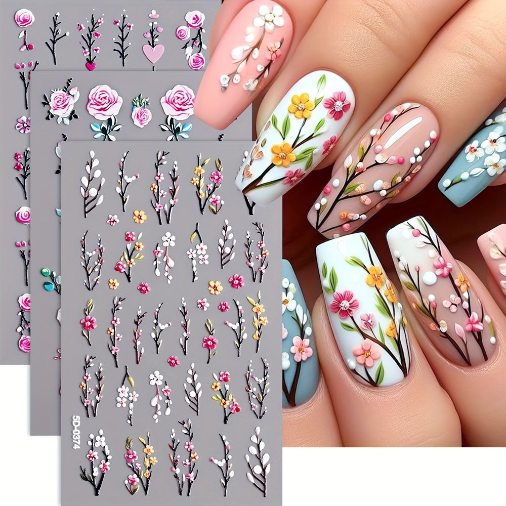 3pcs/set Nail Art Stickers, 5D Embossed Flower Love Pattern Daisy Self-adhesive Nail Stickers, DIY Nail Art Decorations,Durable Nail Decals for Hands & Feet,Nail Art Supplies for Women and