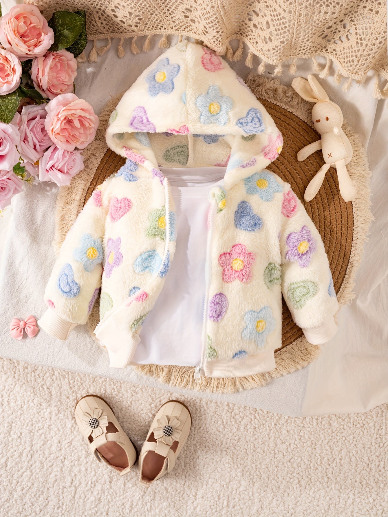 Baby Girls Floral Hooded Jacket - 100% Polyester Long Sleeve Coat with Zipper, Soft Plush Knit Fabric, Regular Fit for Outdoor Play in Fall/Winter, Skiing Compatible, Thick