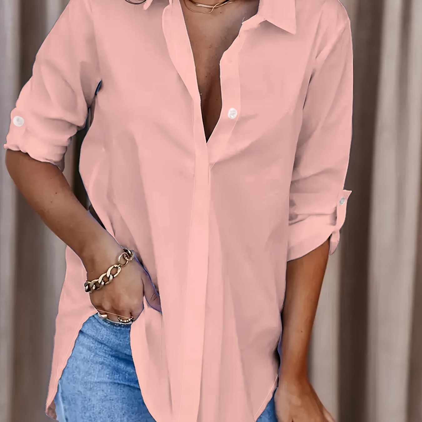 Solid Button Front Shirt, Casual Turn Down Collar Office Work Shirt, Women's Clothing
