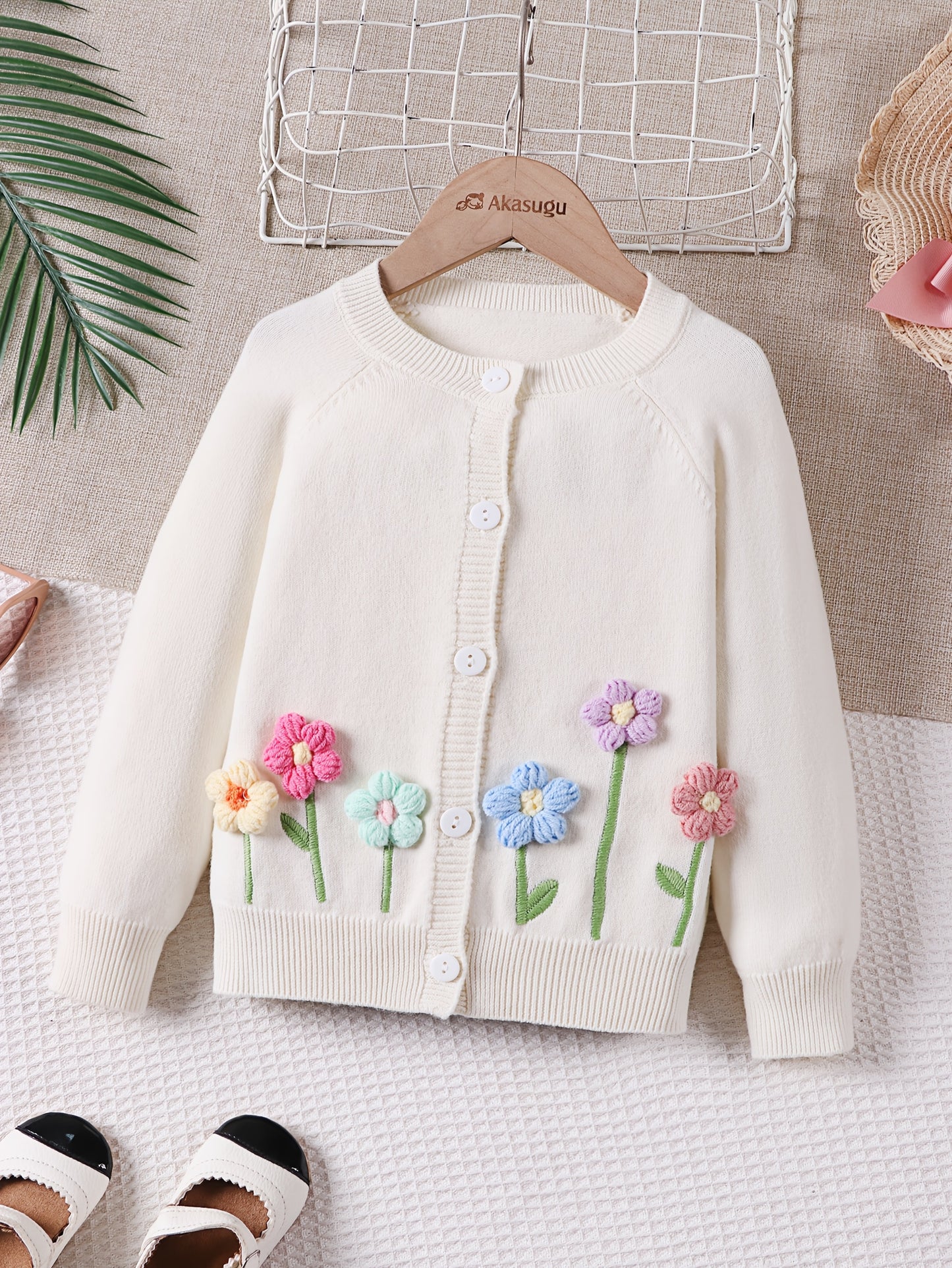 Girls' Beige Cardigan Sweater with Collar & Flower Patches - Sweet Smock Dress Style Jacket, Soft Button-Front Closure for, Parties, - Cozy Fall Winter Outerwear (Pink/Yellow/Blue/Purple) - No-Sew Applique Design