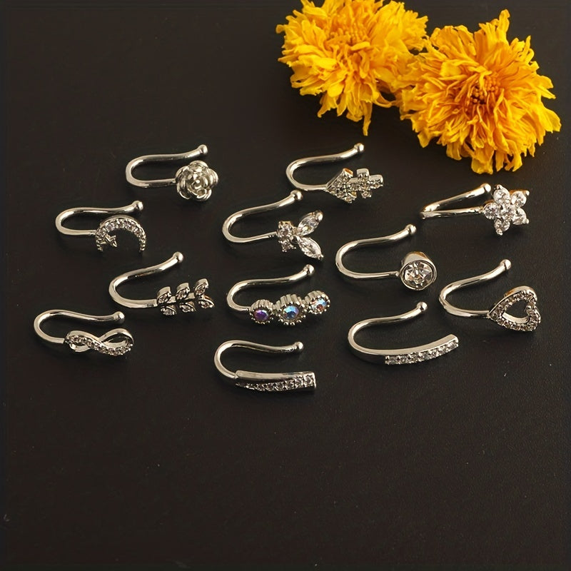 12pcs Elegant Vintage Copper Faux Nose Cuff Set, Non-Piercing Synthetic Zirconia Inlay, Star, Flower, Leaf, Heart Shapes, Clip-On Nose Rings for Women, Daily & Vacation Wear, Valentine'S Day Gift, All Seasons Compatible
