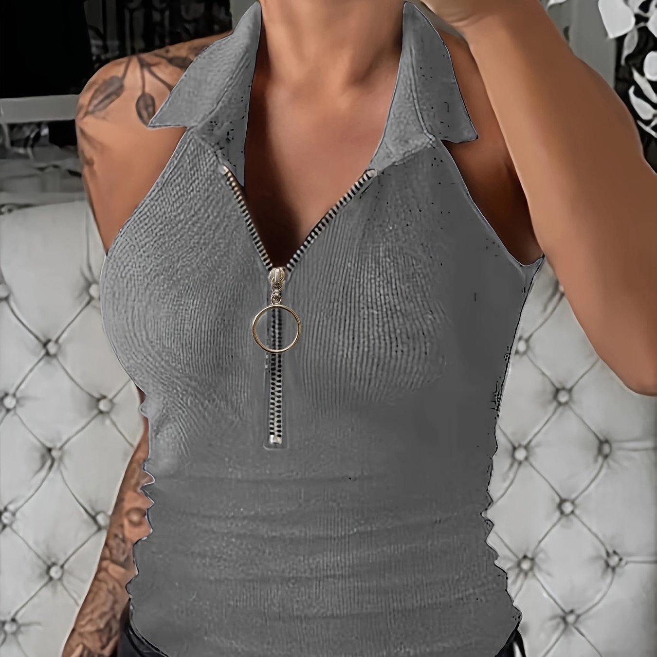 Women's Summer Slim-Fit Zip-Front Collar T-Shirt - Solid Color X-Line Short Sleeve Blouse, Medium Stretch Casual & Dressy Outfits