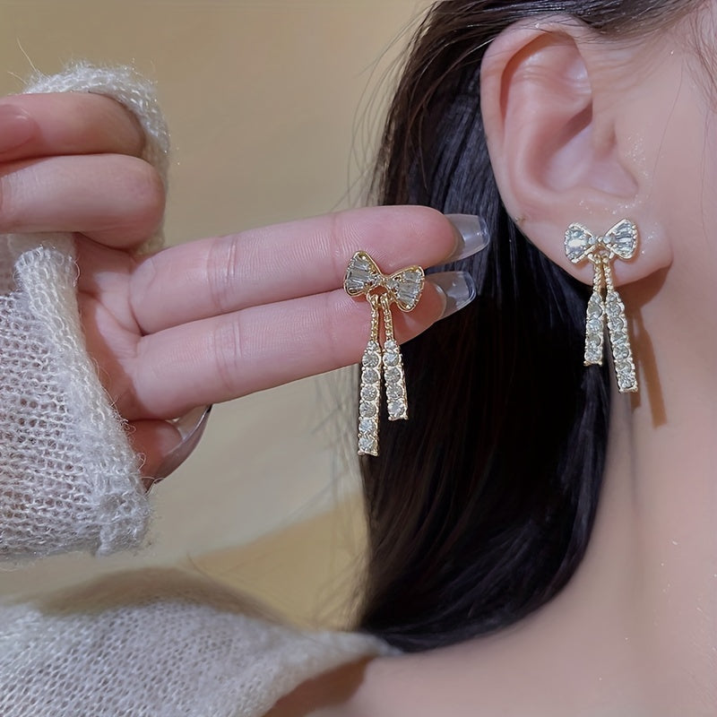Elegant Silver-Plated Bowknot Earrings with Sparkling Cubic Zirconia Tassels - Ideal for Weddings and Gifts
