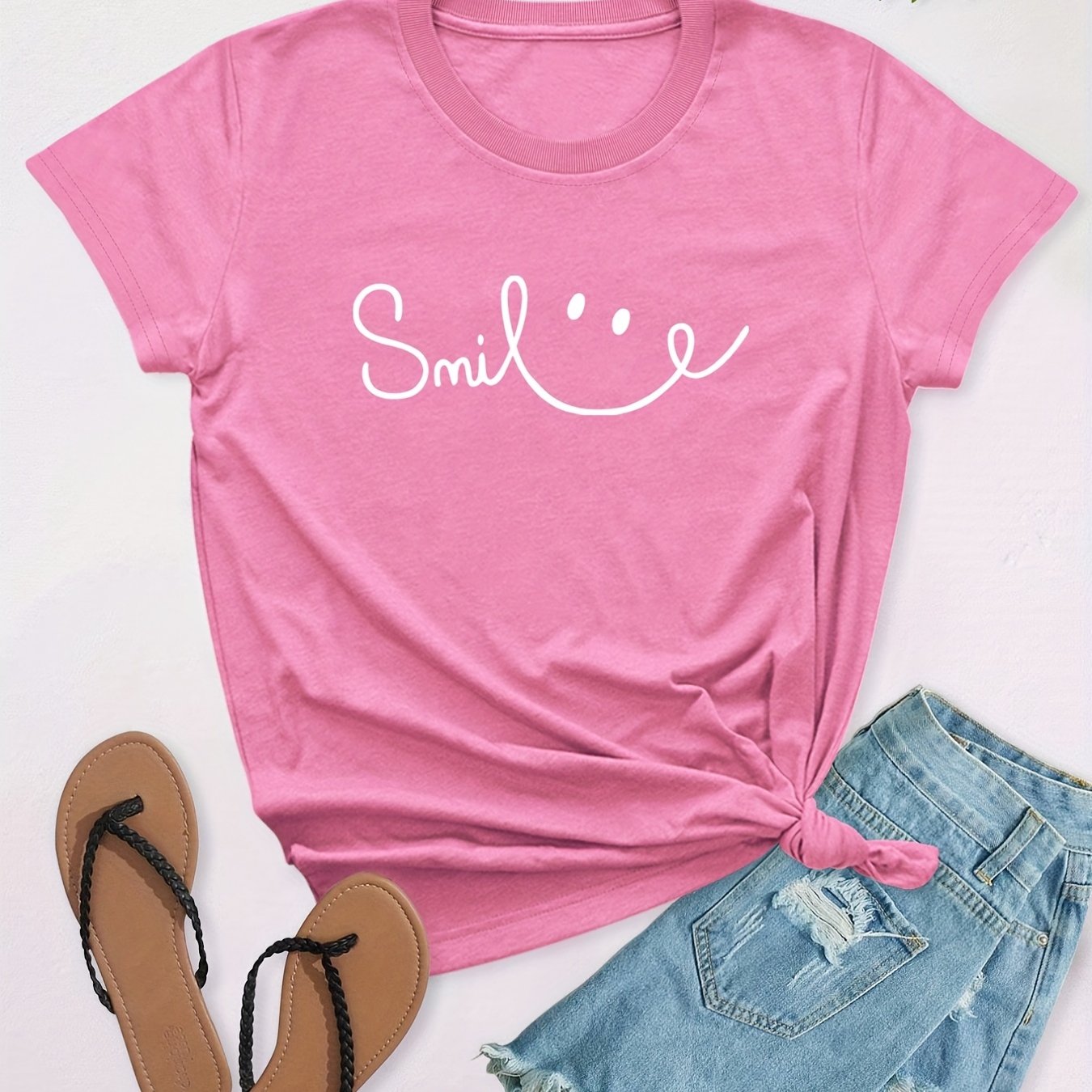 Plus Size Face Print Short Sleeve T-shirt, Women's Plus Slight Stretch Round Neck Casual Tee