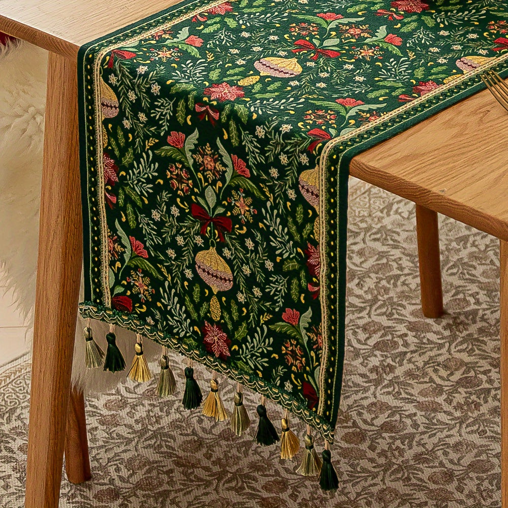 Rectangular Woven Polyester Blend Christmas Table Runner with Tassels - Festive Plant and Flower Pattern, Holiday Party Dining Decor