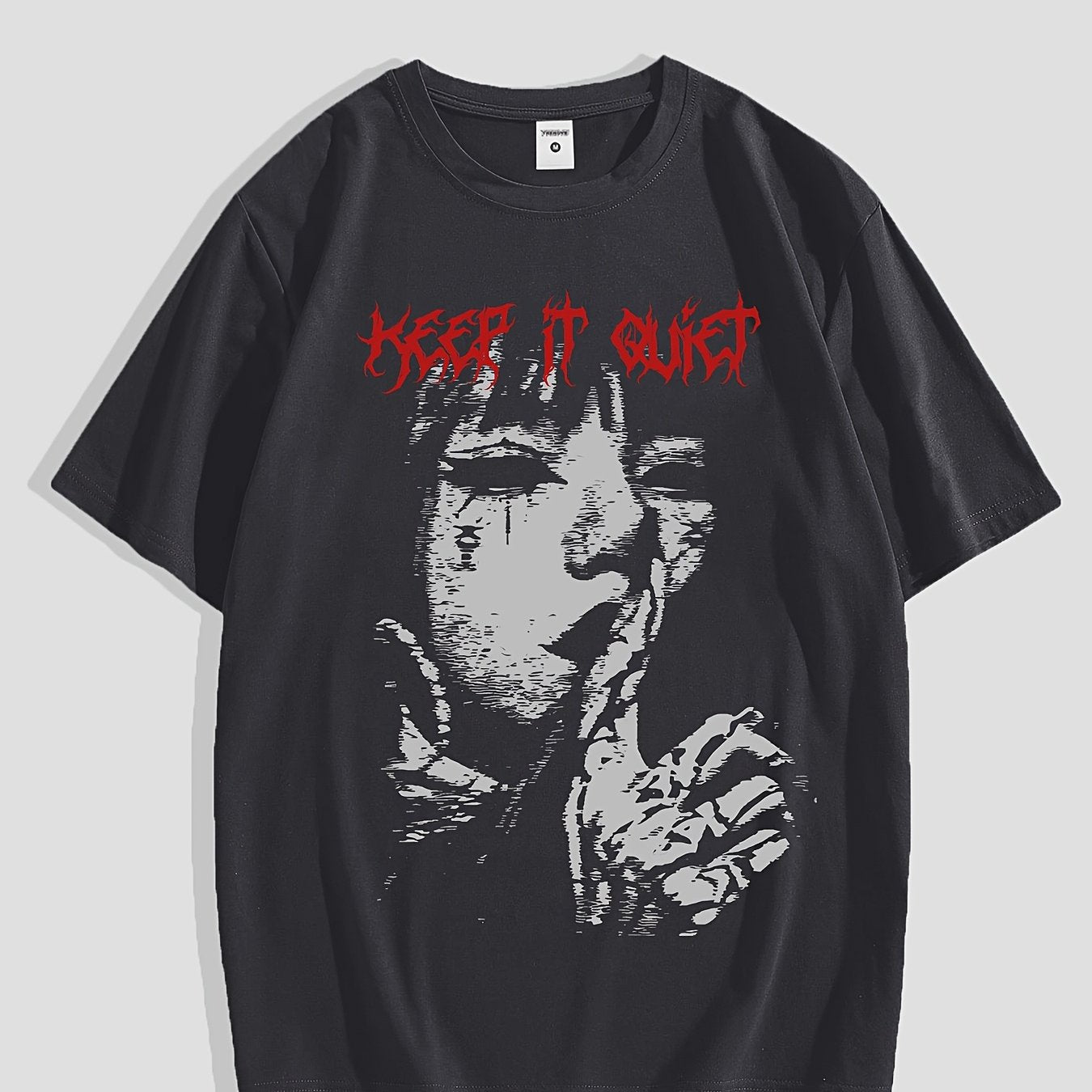Men'S Keep it Quiet Gothic Character Graphic Tee - Casual Polyester Short Sleeve T-Shirt with Bold Red Lettering, Crew Neck, Spring/Autumn Streetwear