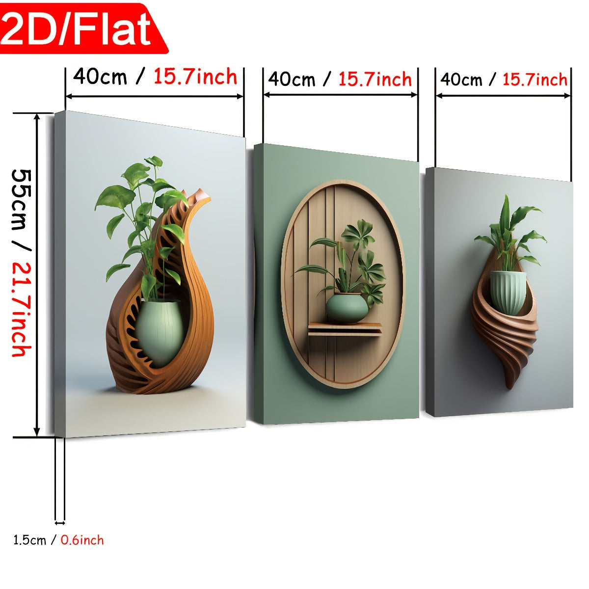 2D Flat Three 2D Printed Artworks with Frames, Including Canvas Paintings And Posters, Ready to Hang. They Feature a Modern Minimalist Style with Plant Vase Shapes, Creative Wood Carvings, And Serve As Home Decor, Wall Art, A