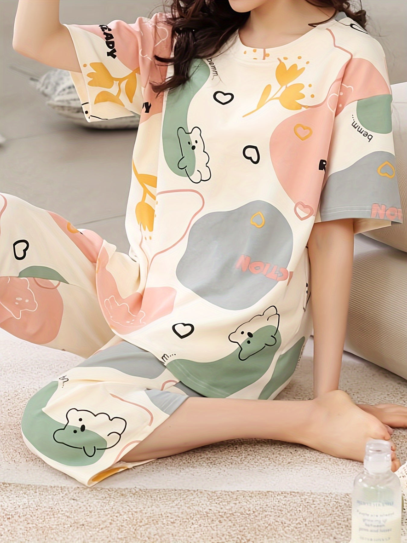 Cozy Cartoon Print Pajama Set - Soft Round Neck, Short Sleeve, Padded Top, Capri Pants, Breathable, Comfortable, Summer Sleepwear for Women - Cartoon Character Design, Relaxing Loungewear for Home