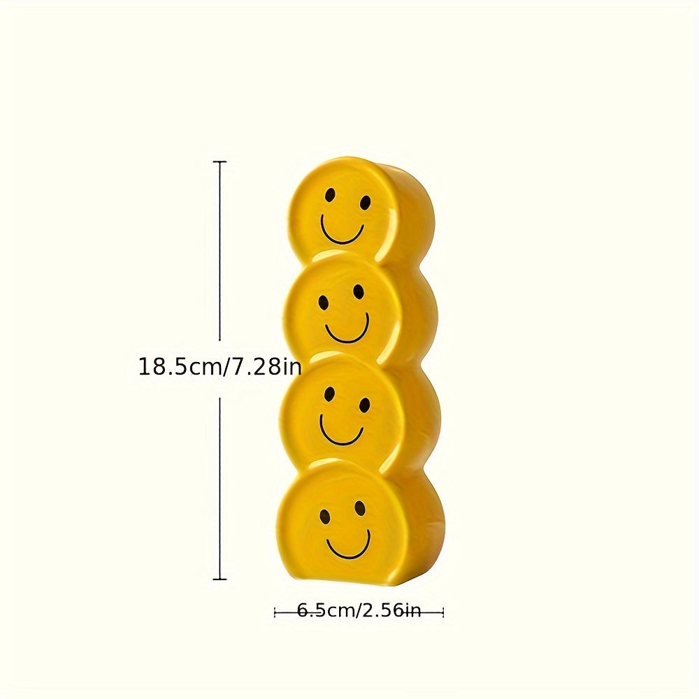 1pc Whimsical Ceramic Happy Face Bud Vase - Art Deco Cartoon Patterned, Round Shape, Boho Chic Centerpiece - Perfect for Wedding, Party, Living Room, Office, Bedroom Decor, Aesthetic Flower Holder, Unique Gift Idea