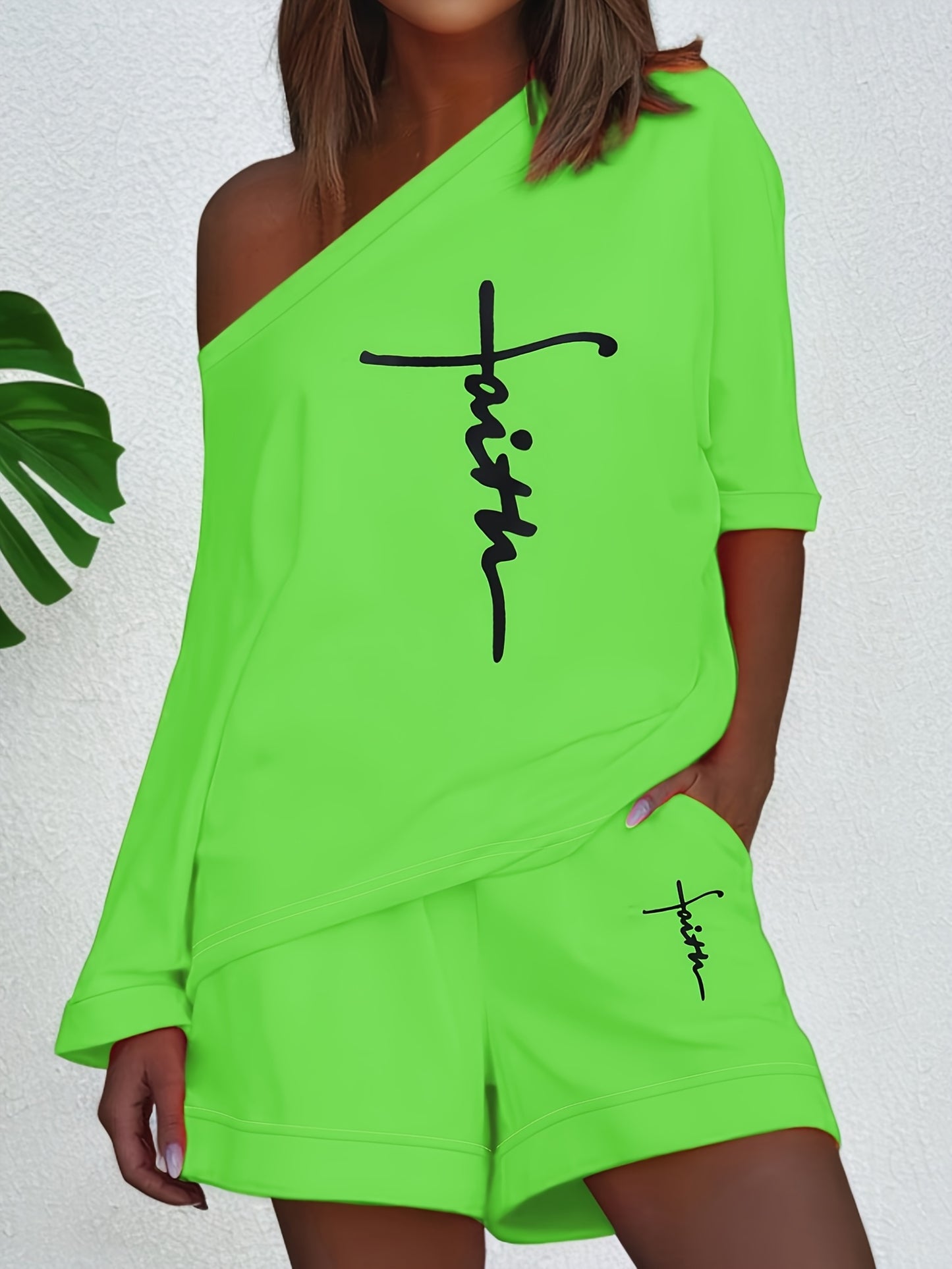 Chic Faith Printed Women's 2-Piece Set – Off-Shoulder Tee & Comfy Drawstring Shorts for Casual Wear