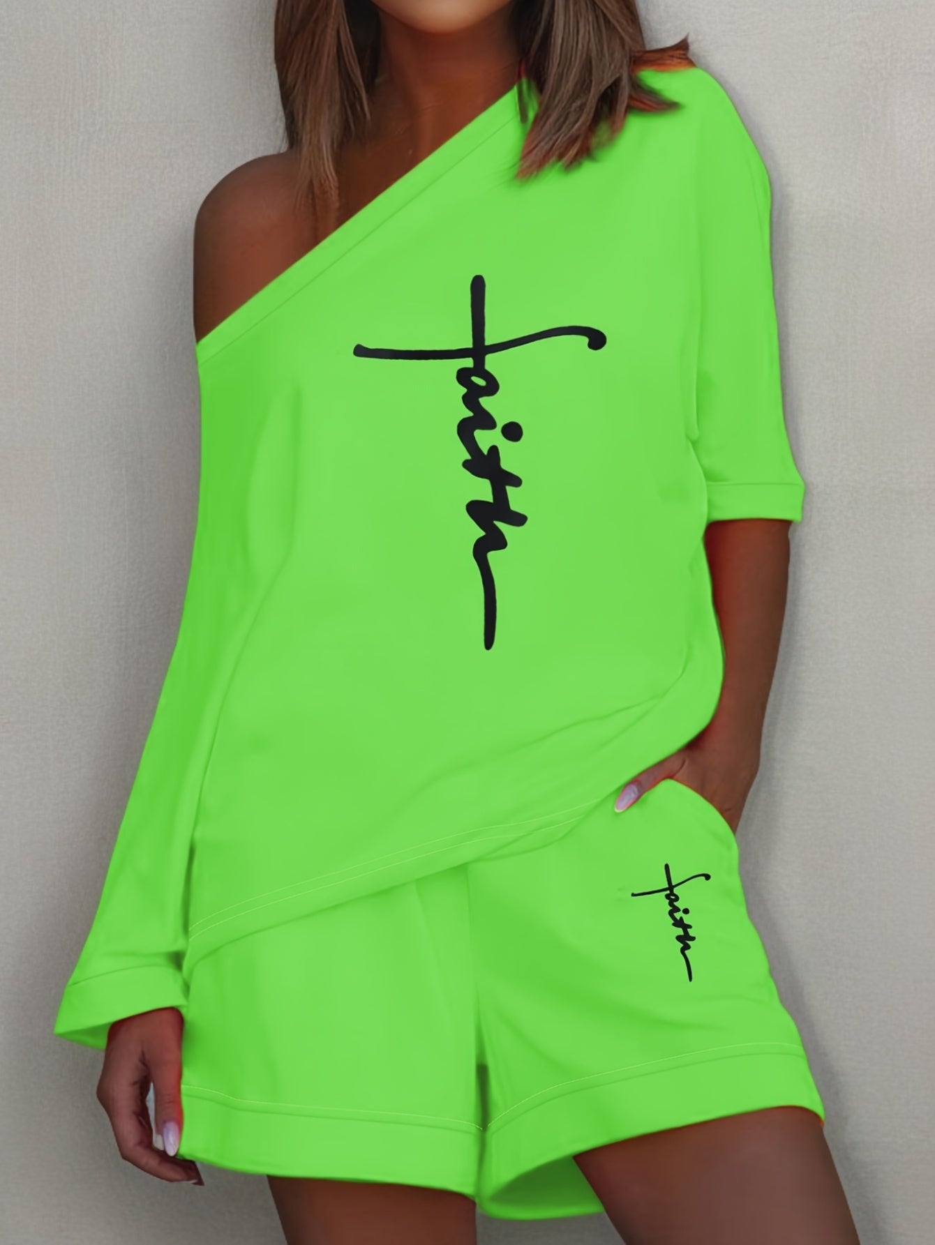 Chic Faith Printed Women's 2-Piece Set – Off-Shoulder Tee & Comfy Drawstring Shorts for Casual Wear