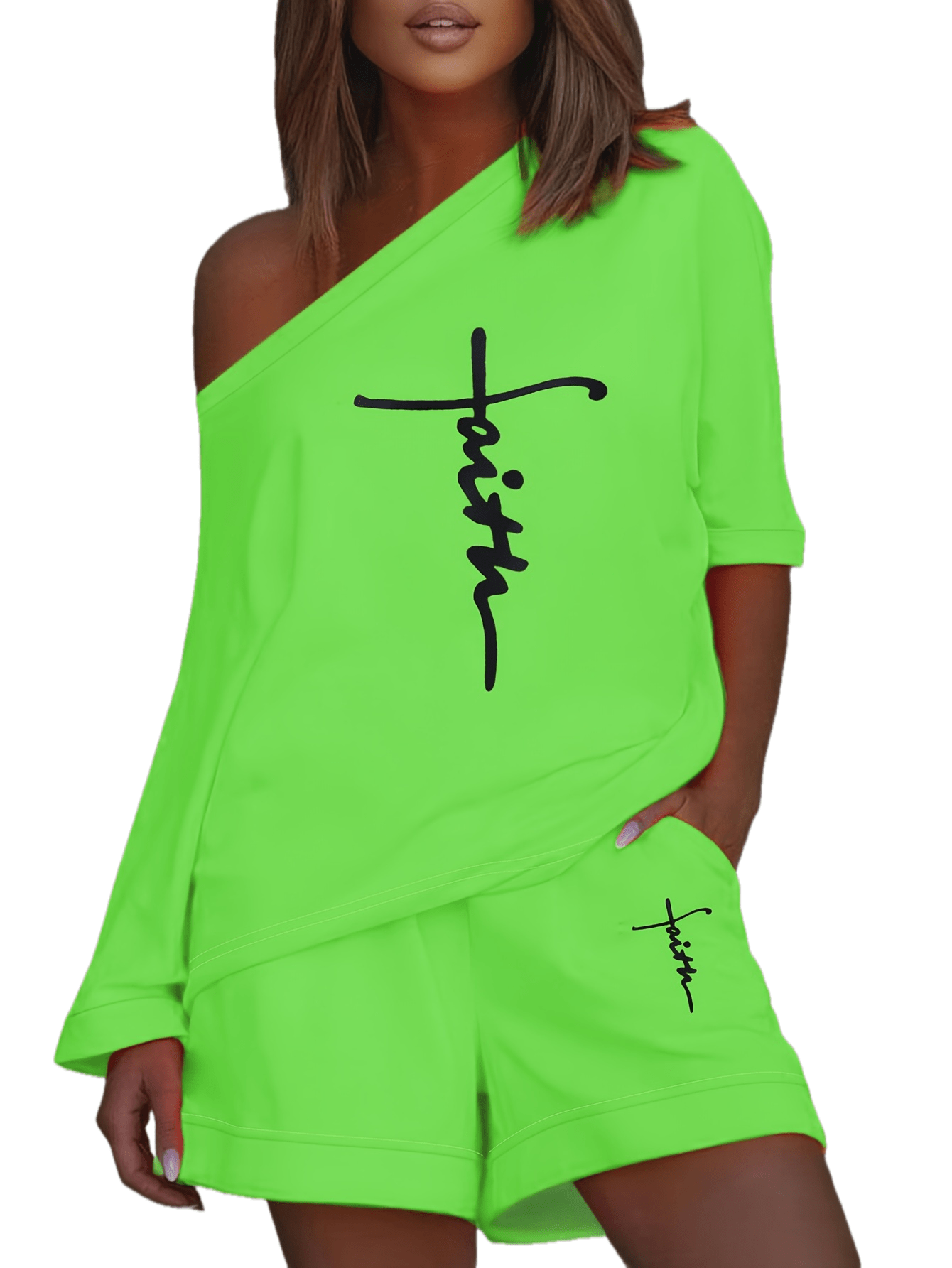 Chic Faith Printed Women's 2-Piece Set – Off-Shoulder Tee & Comfy Drawstring Shorts for Casual Wear