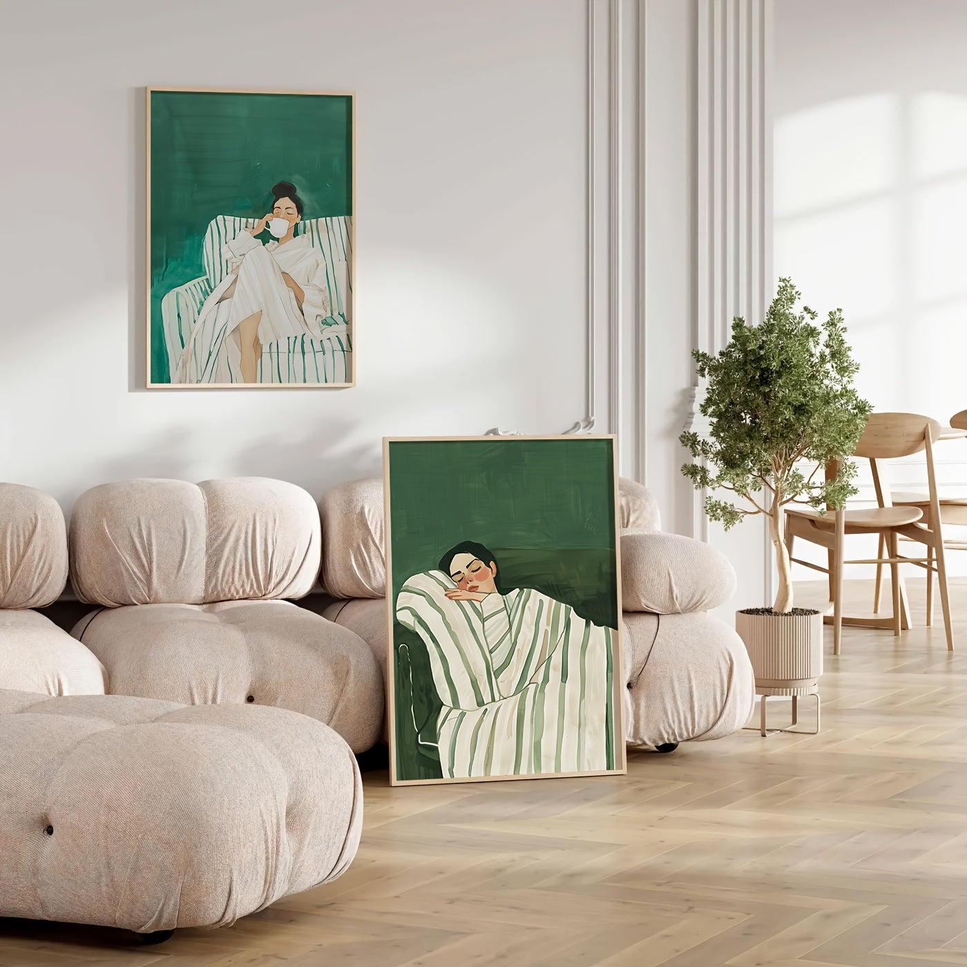 A Set of 2 Abstract Character Wall Art Prints, Featuring a Jade Green Striped Woman Canvas Poster, Minimalist Large Art Wall Decor, Coffee Lover Prints, Spring Decorations for Living Rooms, Bedrooms, Cafes, Bars, Offices, Hal