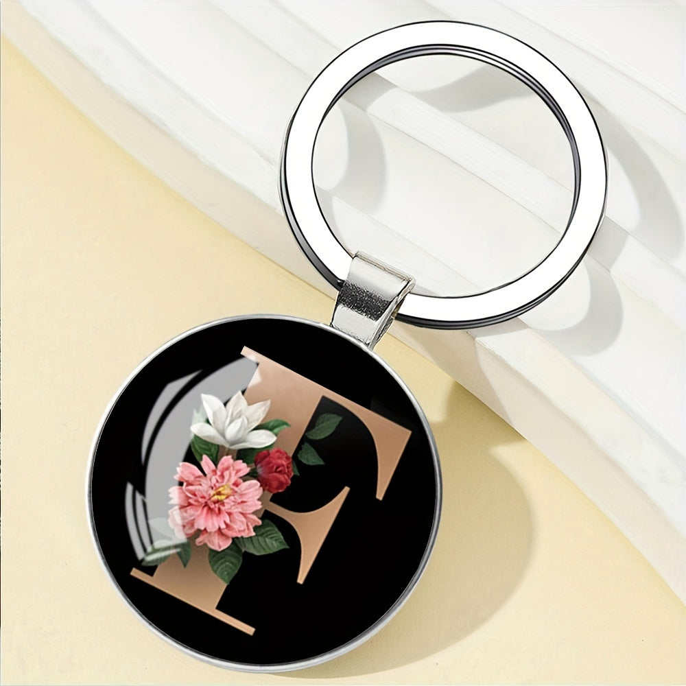 1pc Elegant Floral Alphabet Glass Keychain, Round Character-Themed Alloy Keyring, Romantic Collegiate Style Accessory, Ideal for Birthday, Anniversary, Graduation, Bridal Shower Gifts, and Festive Occasions - Christmas, Hallo