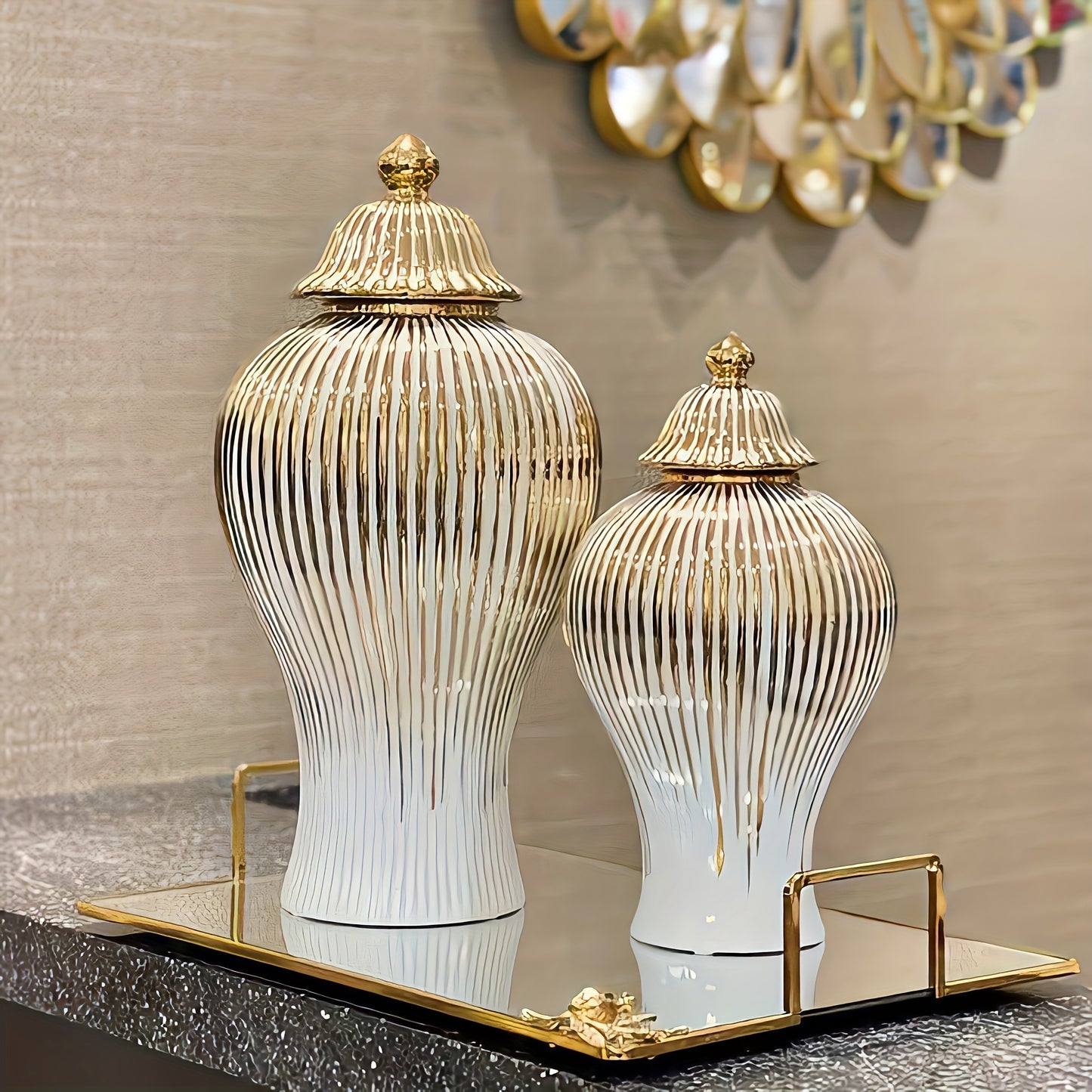 Elegant Ceramic Vase with Gold-Plated Trim - Striped Design for Home Decor, Perfect for Living Room & Entryway