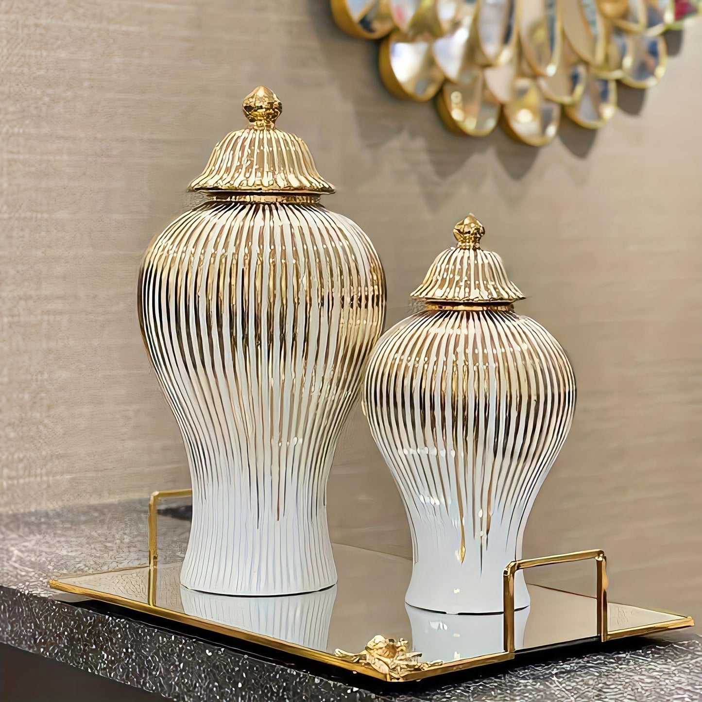 Elegant Ceramic Vase with Gold-Plated Trim - Striped Design for Home Decor, Perfect for Living Room & Entryway