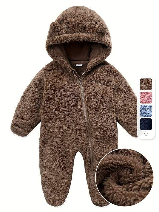 Skytwo Cozy Navy Blue Polar Fleece Baby Jumpsuit with Cute Bear Ears Hood - Soft, Warm, Windproof, Easy-Diaper Zipper, Elastic Cuffs for Winter Comfort, Baby Romper, Perfect for Outdoor