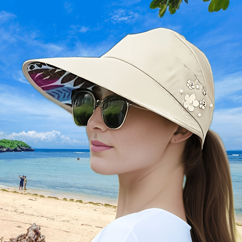 Chic Foldable Beaded Flower Sun Hat - Stylish Knitted Women's UV Protection Visors, Durable And Comfortable Outdoor Wear