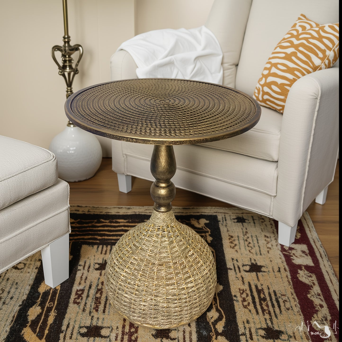 Handcrafted Wicker Iron Artistic Water Grass Rope Braided Tea Table Side Table Flower Rack Living Room Sofa Side Table Study Room Balcony Inn Outdoor Coffee House Bar, Garden Patio Bedroom Decoration