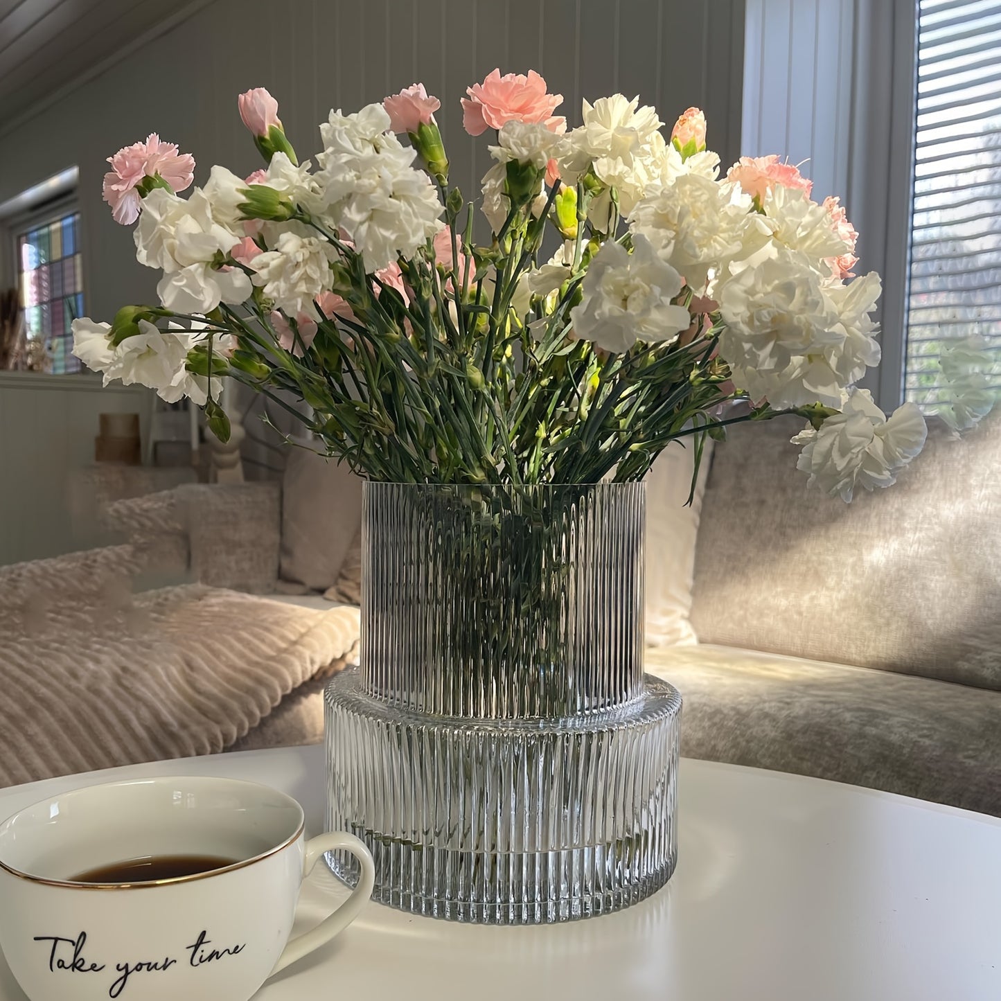 Modern Striped Glass Vase for Home & Restaurant Decor - Perfect for Spring/Summer Aesthetics, No Battery Needed