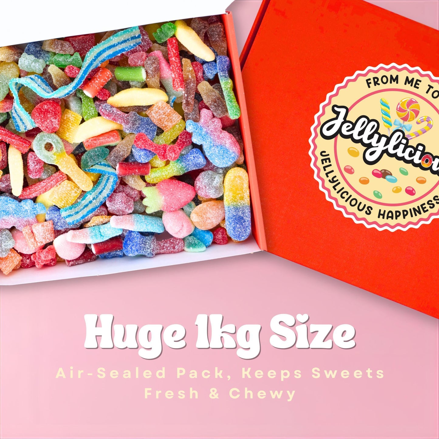 Jellylicious 1kg Fizzy Sweet Gift Box – Luxury Pick & Mix Candy Hamper – Jelly & Sour Sweets – Sealed for Freshness – Christmas, Secret Santa, Valentine’s Day, Birthday, Movie Night, Father’s Day, Get Well, Giftin