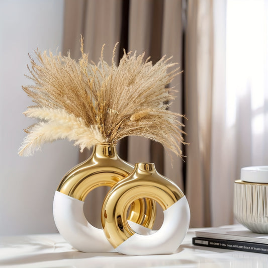 2pcs Boho Style Ceramic Vase Set - White & Golden, Round Bud Vases with Golden Accents, Perfect for Centerpieces & Home Decor, Living Room & Kitchen Accent, Home Decor Vase|Elegant Ceramic Vase|Decorative Vase
