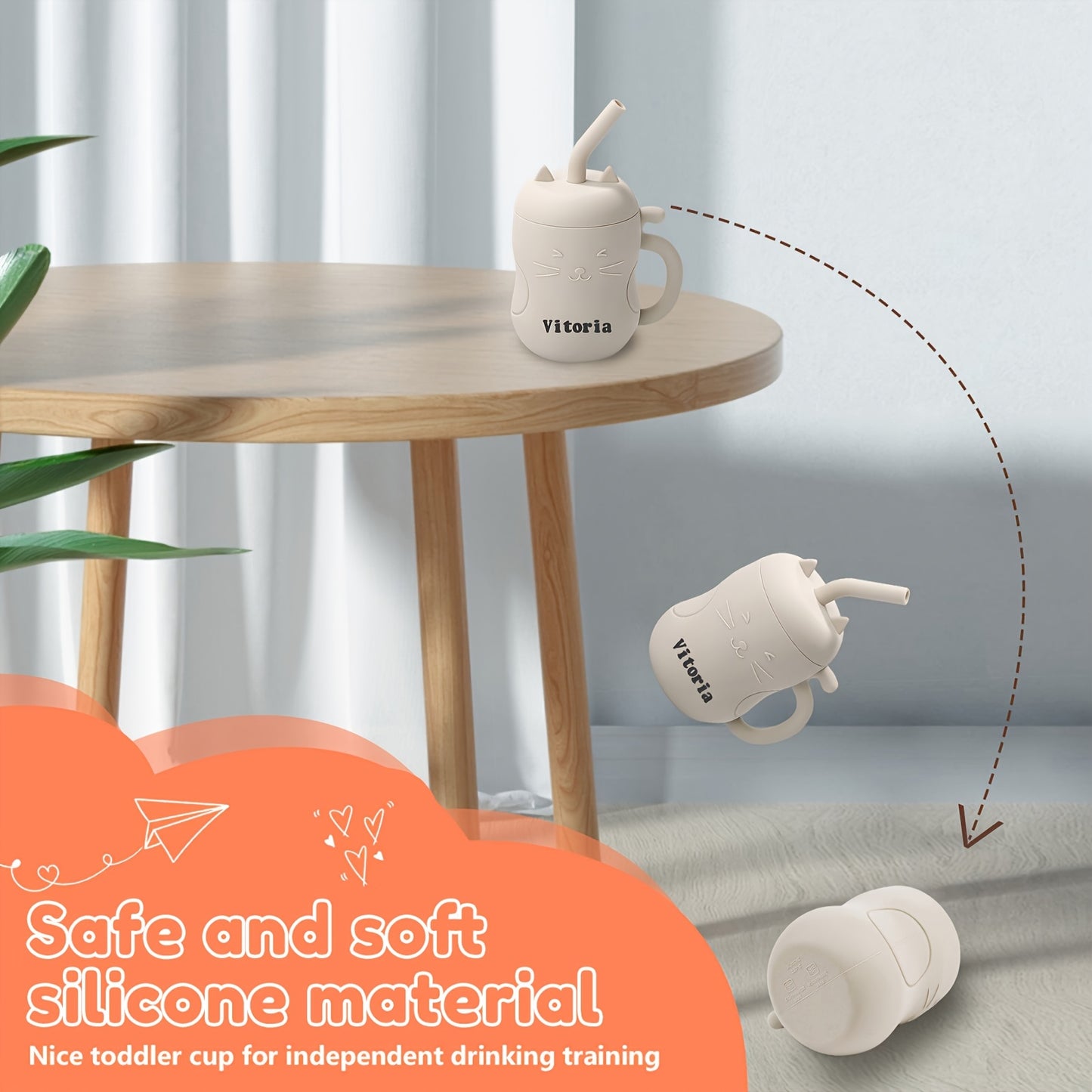 TYRY.HU Baby Learning Cup with Straw & Lid - Leak-Proof Soft Silicone Training Cup Suitable for, Feeding, Lid & Straw, Cute Cat, Easy to Clean, (4 Colors: ///)