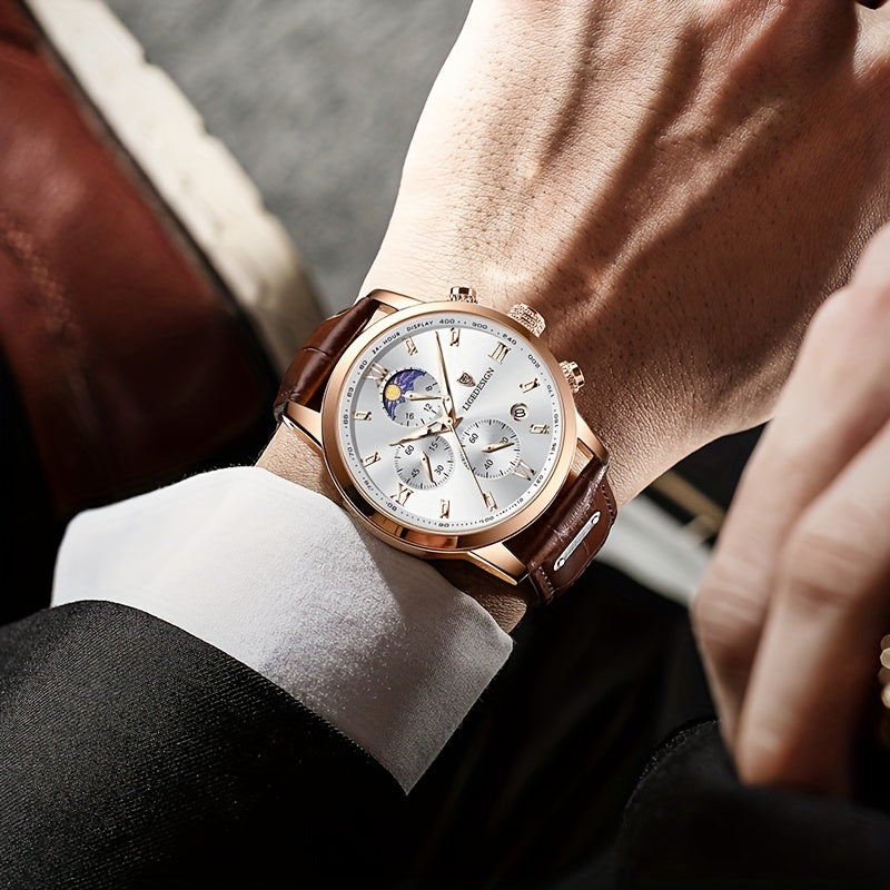 LIGE Men'S Quartz Watch | Vintage Style | Multi-Functional Chronograph | 30m | Calendar & Moon Phase | High-Quality Strap | Zinc Alloy Case, Electronic Drive | Non-rechargeable Button Battery | Luxury Business Watch, Business