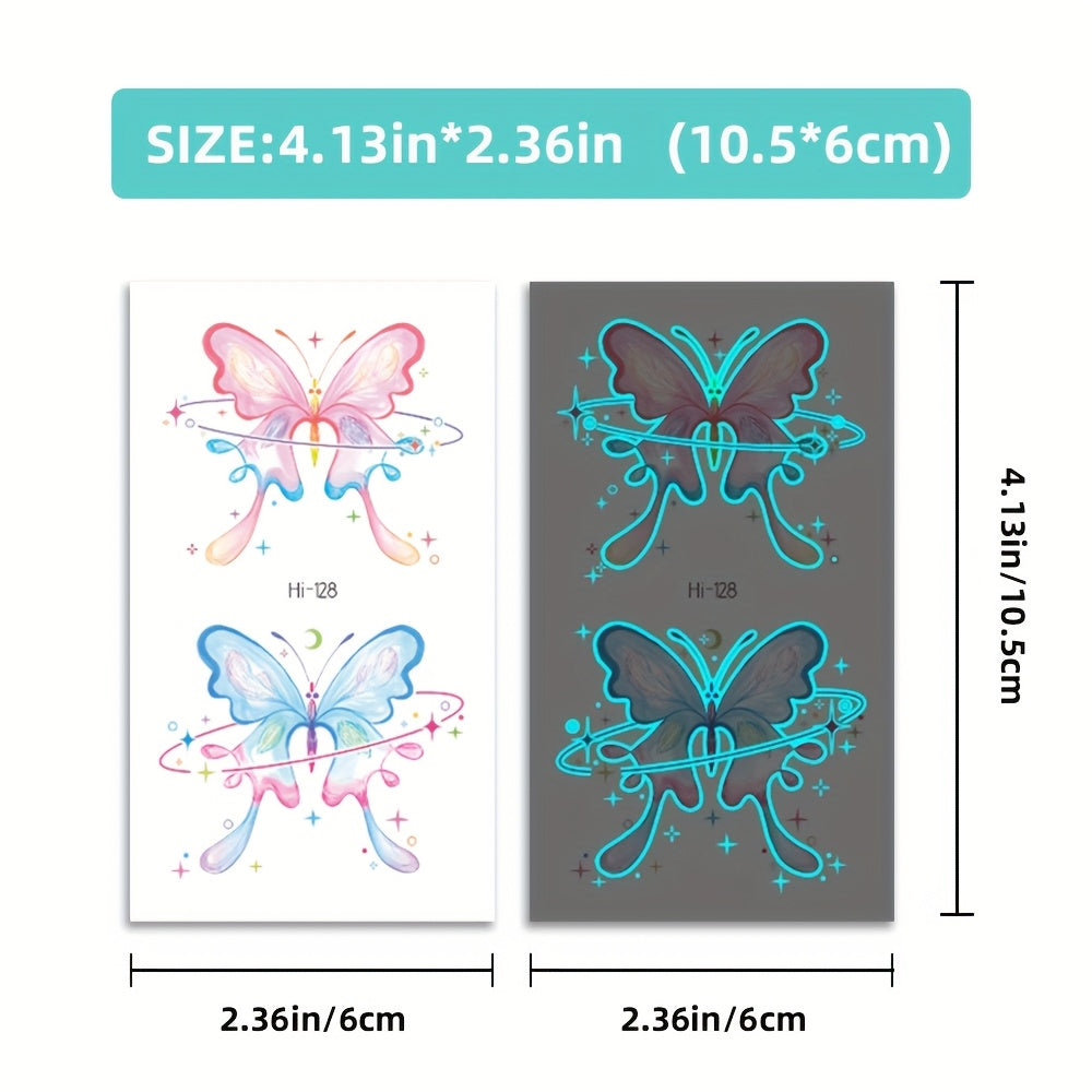 10 Sheets Blue Luminous Butterfly Tattoos, Glow In The Dark Vibrant Blue Butterfly Fairy Flower Rose Pattern Fake Tattoo, Decoration At Nightclub & Music Events, Waterproof & Realistic Lasting 2-5 Days, Butterfly Shoulder Cla