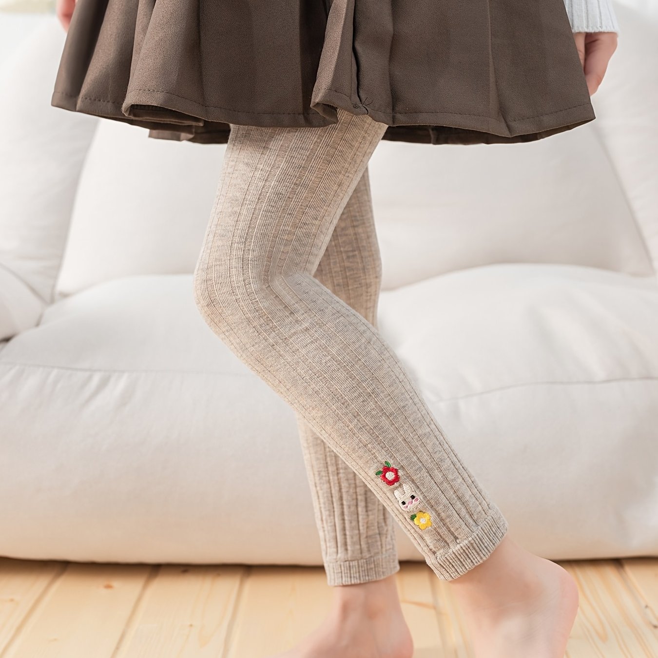 Kids' Base Pants, Girls' Spring/Autumn Vertical Stripe Slim Fit Knit Socks Embroidered Casual 9/10 Pants