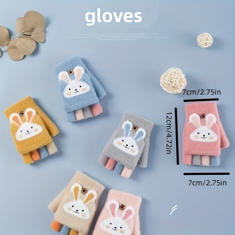 1 Pair Of Children's Gloves, Winter Five Finger Baby Thickened Half Finger Girl Knitted Cartoon Warm Flip Gloves