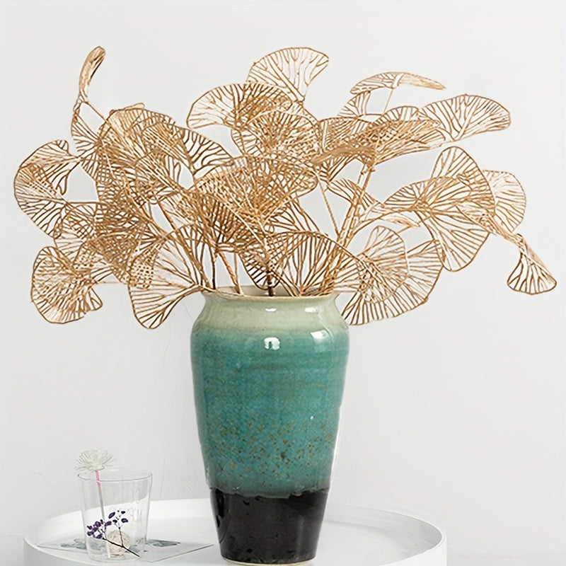 5pcs Golden Artificial Ginkgo Leaves Stems - Realistic Fake Plant Leaf Simulation for Vase Filler, Home Garden Wedding Decor, Winter Xmas Christmas Home Table Decor, Spring Chinese New Year Decor, DIY Craft Project, and Seaso