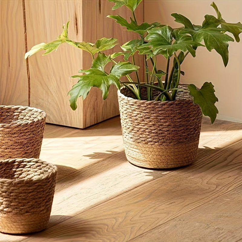 1pc, Handmade Braided Straw Natural Sea Grass Braided Flower Pot Rattan Braided Plant Green Plant Cover Pot Home Decoration Flowerware Contains Waterproof Layer Flower Basket