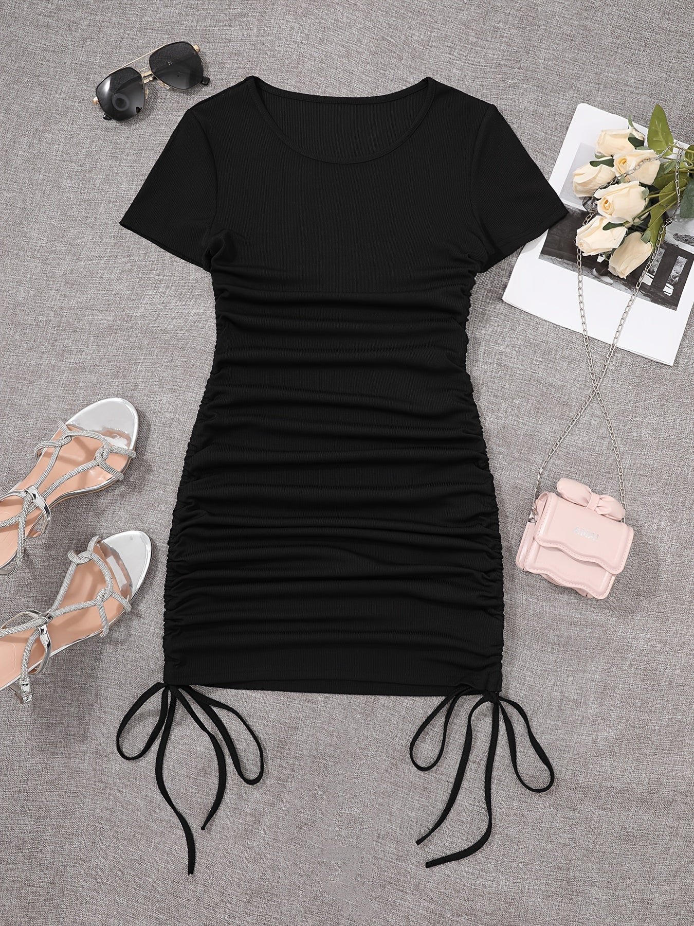 Drawstring Ruched Skinny Dress, Solid Short Sleeve Crew Neck Dress, Women's Clothing