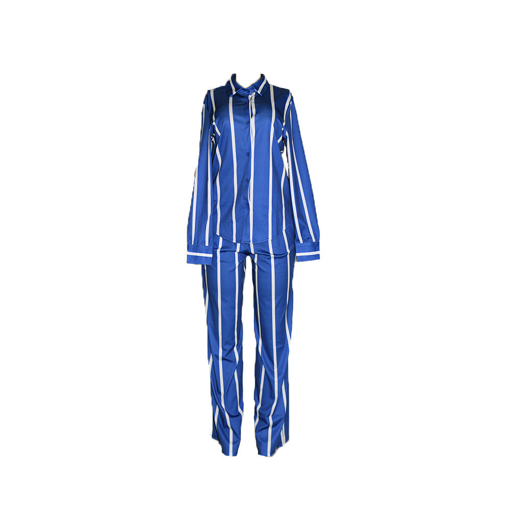 Striped Print Two-piece Set, Button Front Collar Long Sleeve Shirt & High Waist Wide Leg Loose Pants Set, Women's Clothing