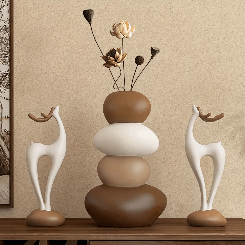 [Creative Stacked Stone Vase] 3pcs Creative Stacked Stone Vase and Deer Figurine Set | Resin Ornaments for Living Room, Bedroom, Office Desk, Bookshelf – Unique Christmas Gifts for Family & Friends