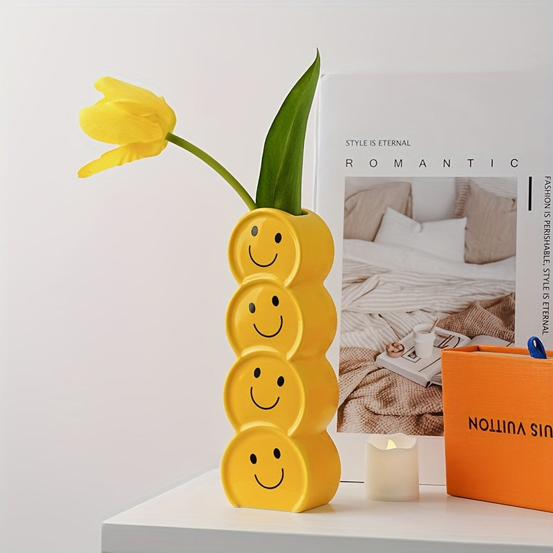 1pc Whimsical Ceramic Happy Face Bud Vase - Art Deco Cartoon Patterned, Round Shape, Boho Chic Centerpiece - Perfect for Wedding, Party, Living Room, Office, Bedroom Decor, Aesthetic Flower Holder, Unique Gift Idea