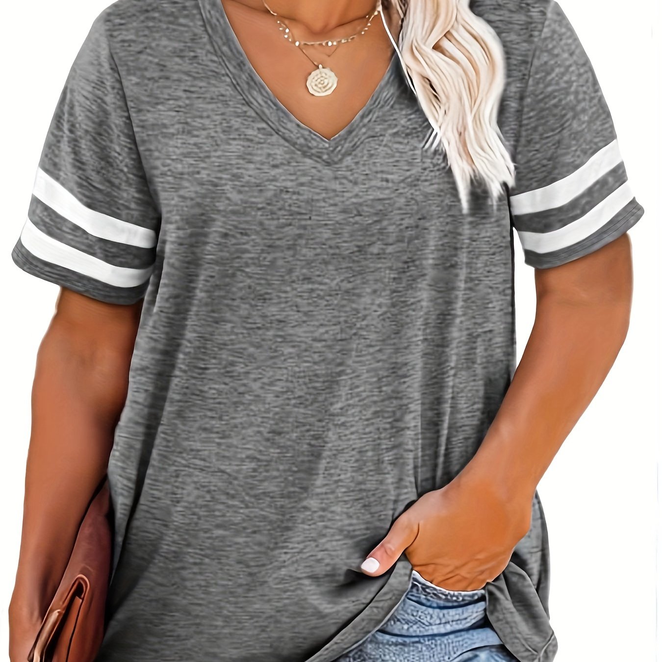 Plus Size Women's V-Neck Short Sleeve T-Shirt - Lightweight Stretchy Summer Tee with Random Print, Loose Casual Fit, Machine Washable, Sizes XL-5XL for Everyday & Office Wear, Versatile Clothing, Striped Print Shirt, Soft Fab