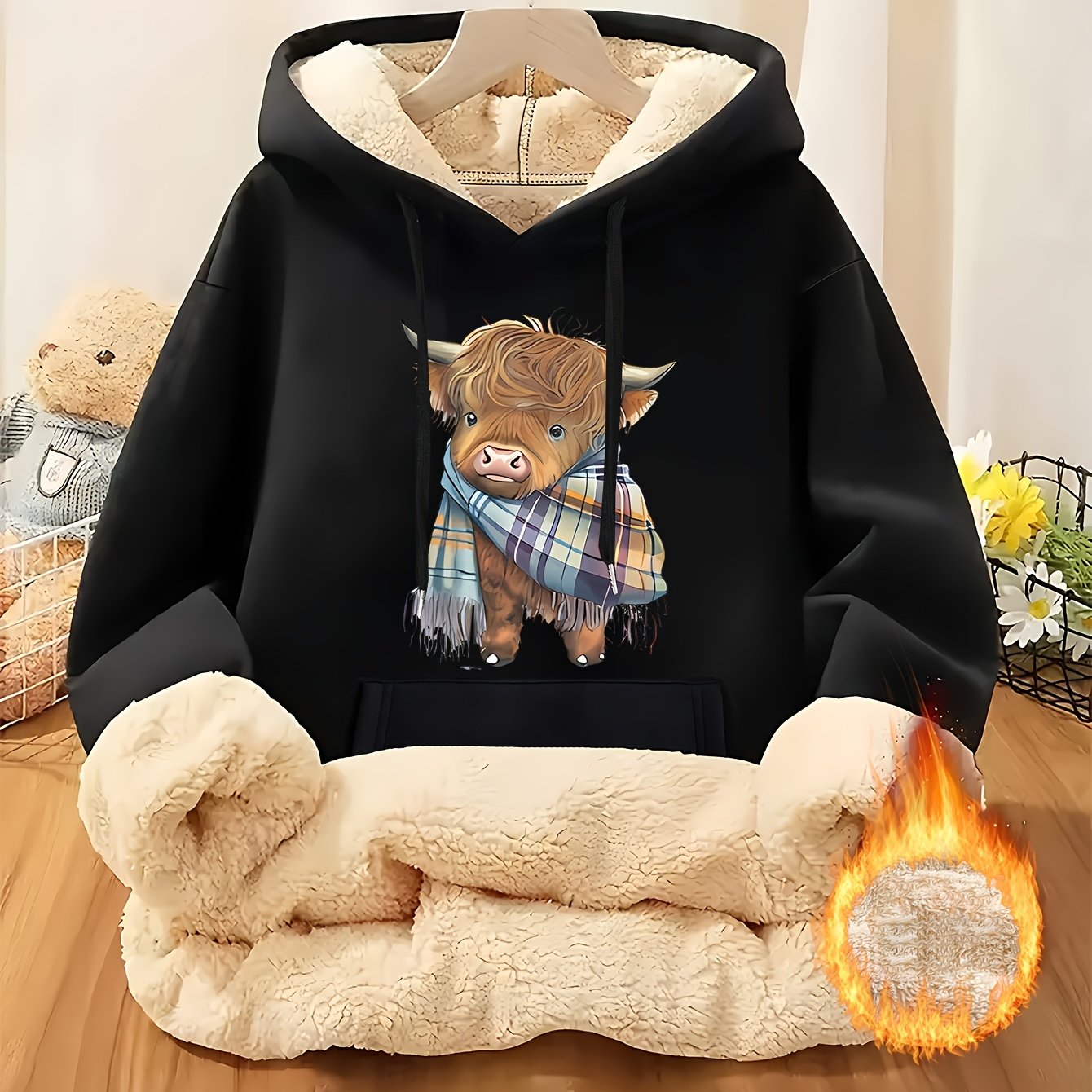 Women's Highland Cow Print Fleece Hooded Sweater - Thickened Winter Warmth, Cozy Plush Lining, Casual Retro Pullover with Pocket, Pink Scottish Cow Design, Sizes XS-XXL (Machine Washable) for Spring, Fall & Winter Layering