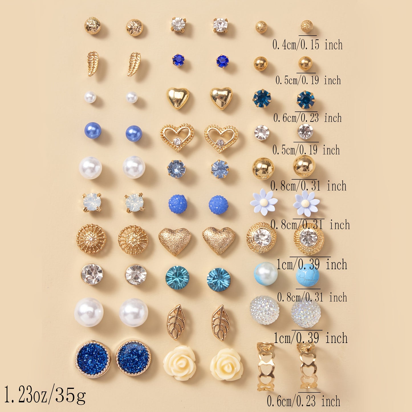 30 Pairs Delicate Stud Earrings Set - Exquisite Imitation Pearl Love Flower Leaf Design, Classic Everyday Wear, Adorable Female Gift - Unique Original Piece in Stunning Blue Color
