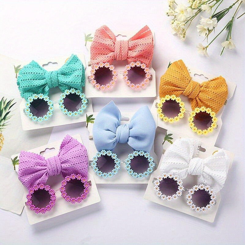 Cute Outdoor Beach Baby Girl Gift Set - 2 Pieces Butterfly Tie Hair Band & Round Flower Fashion Glasses!