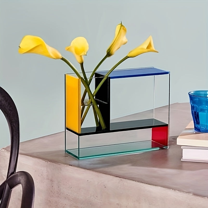1pc, Mondrian Modern Acrylic Vase with Transparent, Red, Yellow And Blue Panels - Modern Art Decoration Suitable for Home Decor, Room Deco