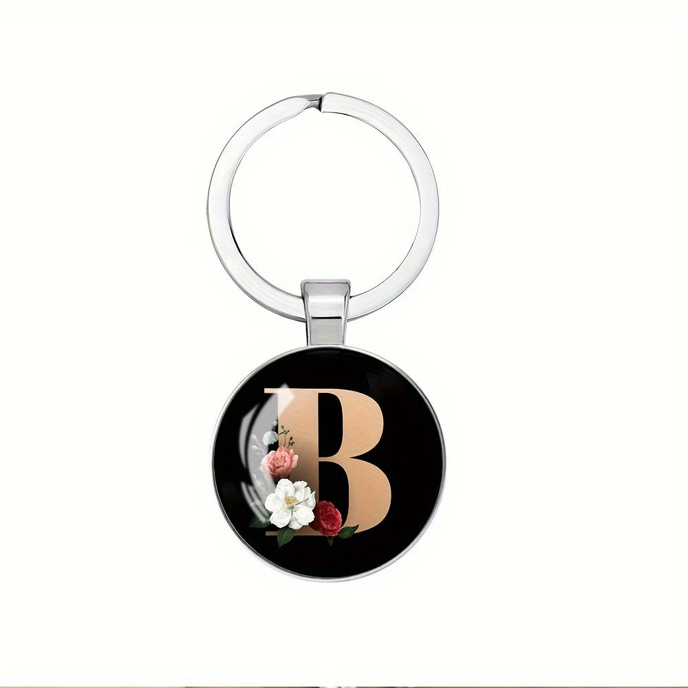 1pc Elegant Floral Alphabet Glass Keychain, Round Character-Themed Alloy Keyring, Romantic Collegiate Style Accessory, Ideal for Birthday, Anniversary, Graduation, Bridal Shower Gifts, and Festive Occasions - Christmas, Hallo