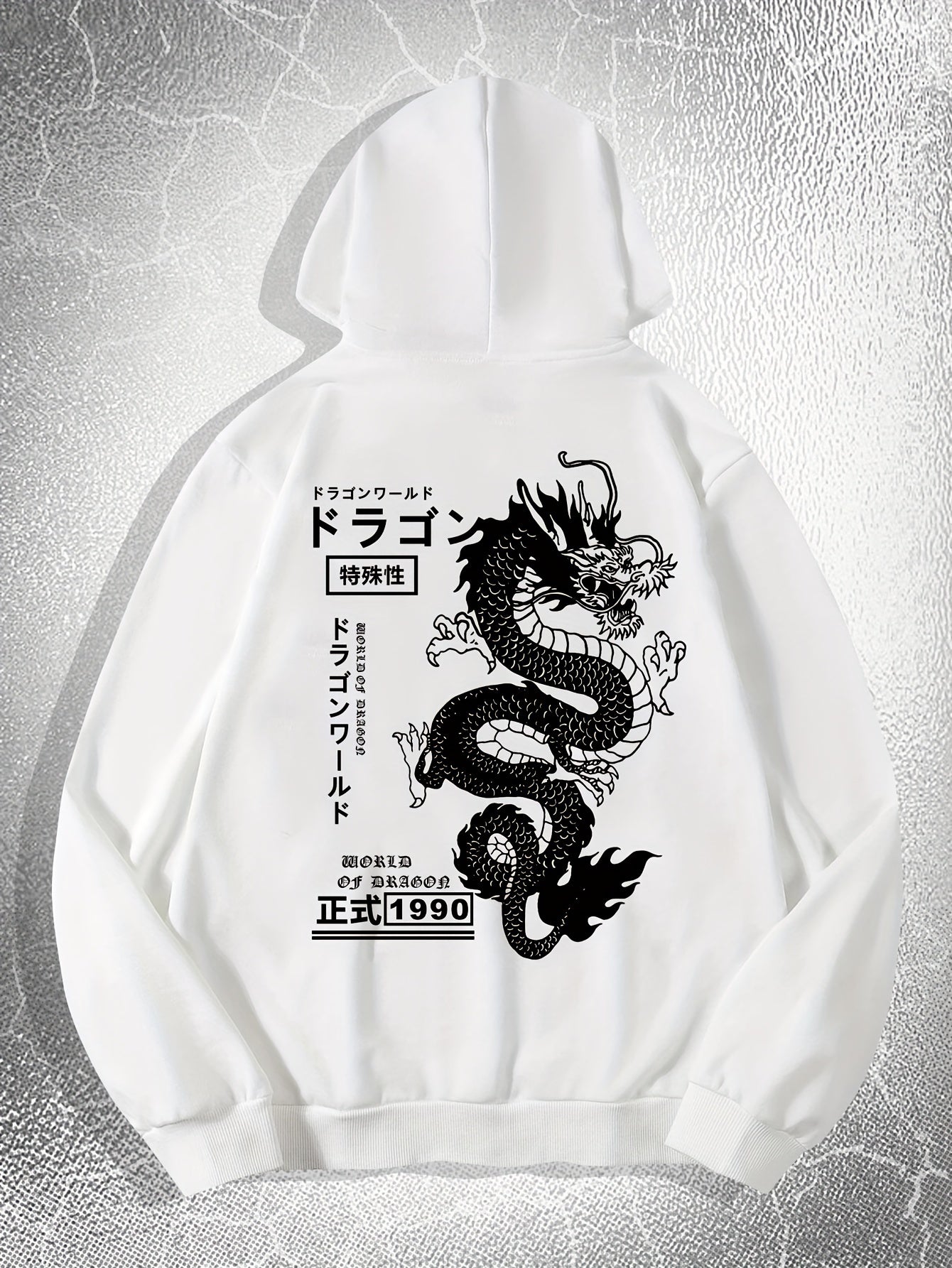 [Dragon Print Hoodie] White Polyester Dragon Print Hoodie - Casual & Trendy, Long Sleeves, Drawstring Hood - Streetwear Style