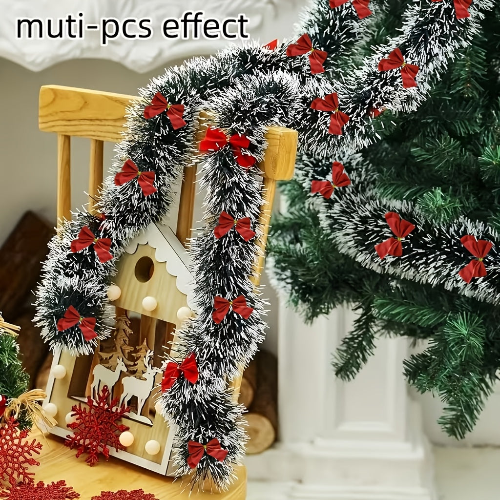 2-Piece Bow Christmas Rattan Garland, Total Length 10.0 meter, 1-Piece 196.85-Inch Dark Green and White Snowflake Christmas Flower Vine Decoration, No Lights Artificial Wreath for Indoor/Outdoor Use, High-Quality Soft Green H