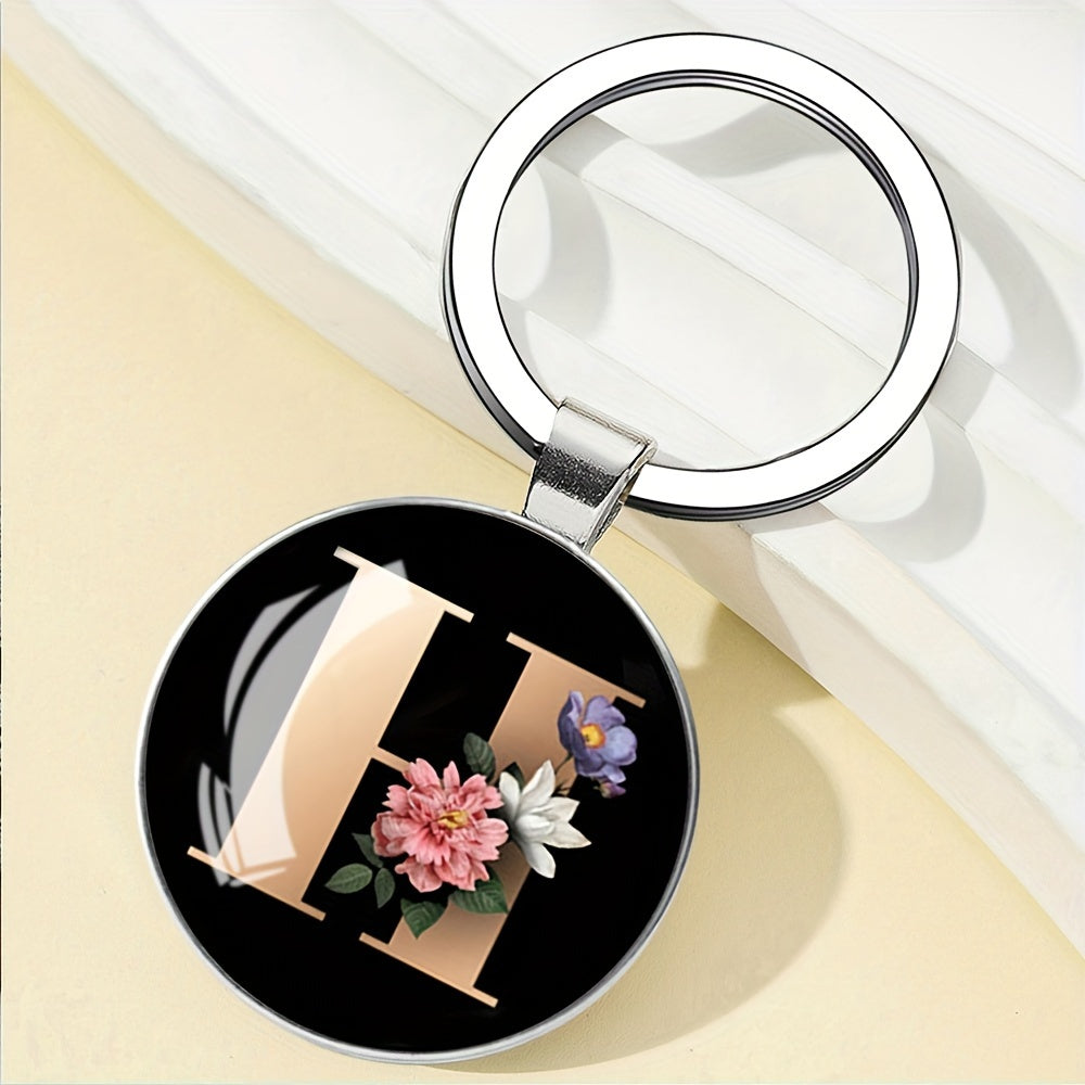 1pc Elegant Floral Alphabet Glass Keychain, Round Character-Themed Alloy Keyring, Romantic Collegiate Style Accessory, Ideal for Birthday, Anniversary, Graduation, Bridal Shower Gifts, and Festive Occasions - Christmas, Hallo